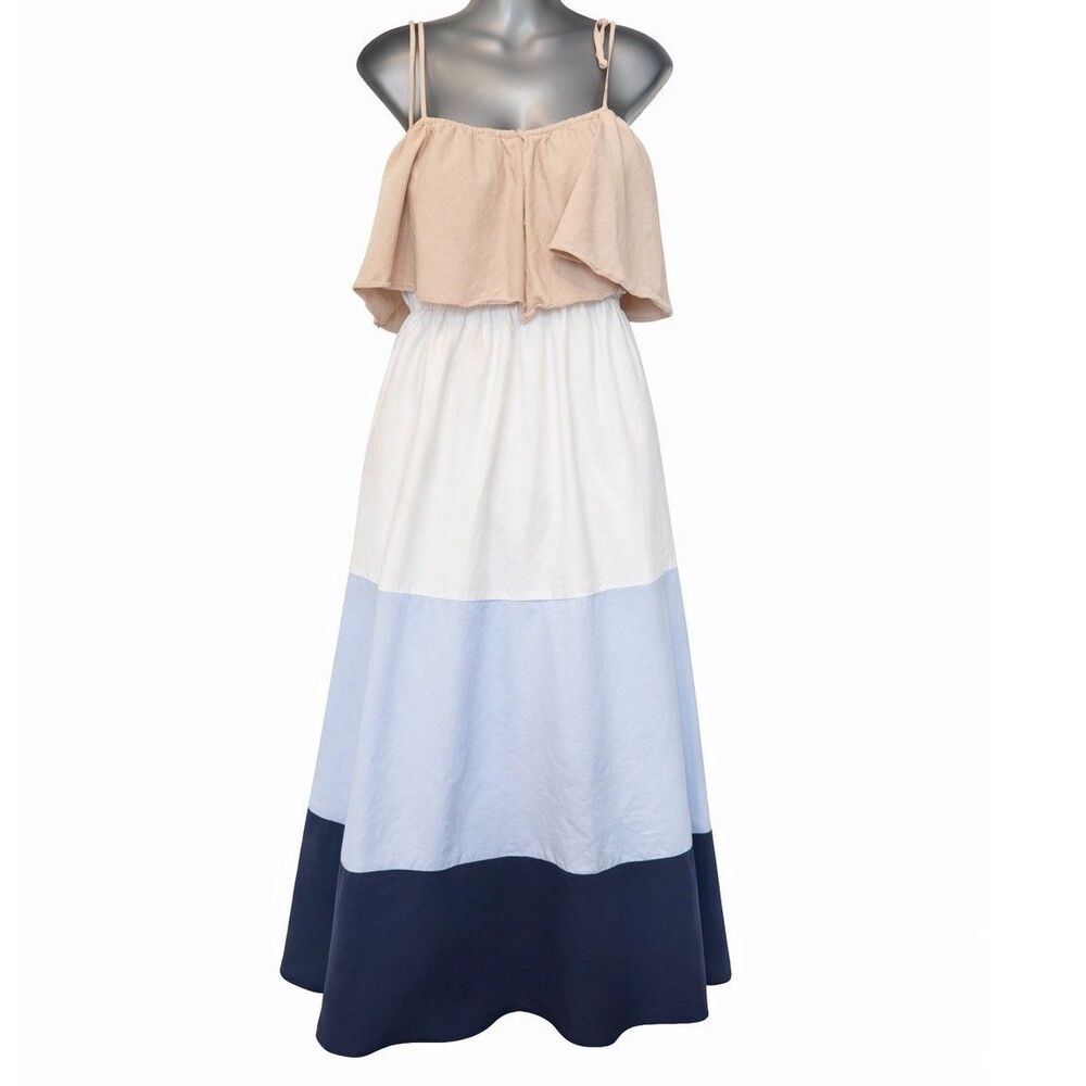 VICI Maxi Dress Tiered Colorblock Womens M Blue Tan Coastal Boho Summer